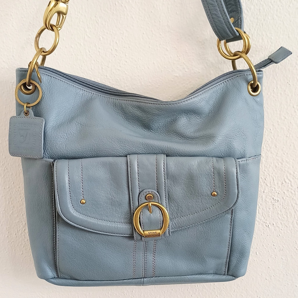 Stone Mountain Light Blue Pebble Leather Convertible Crossbody Shoulder Bag - Picture 2 of 16